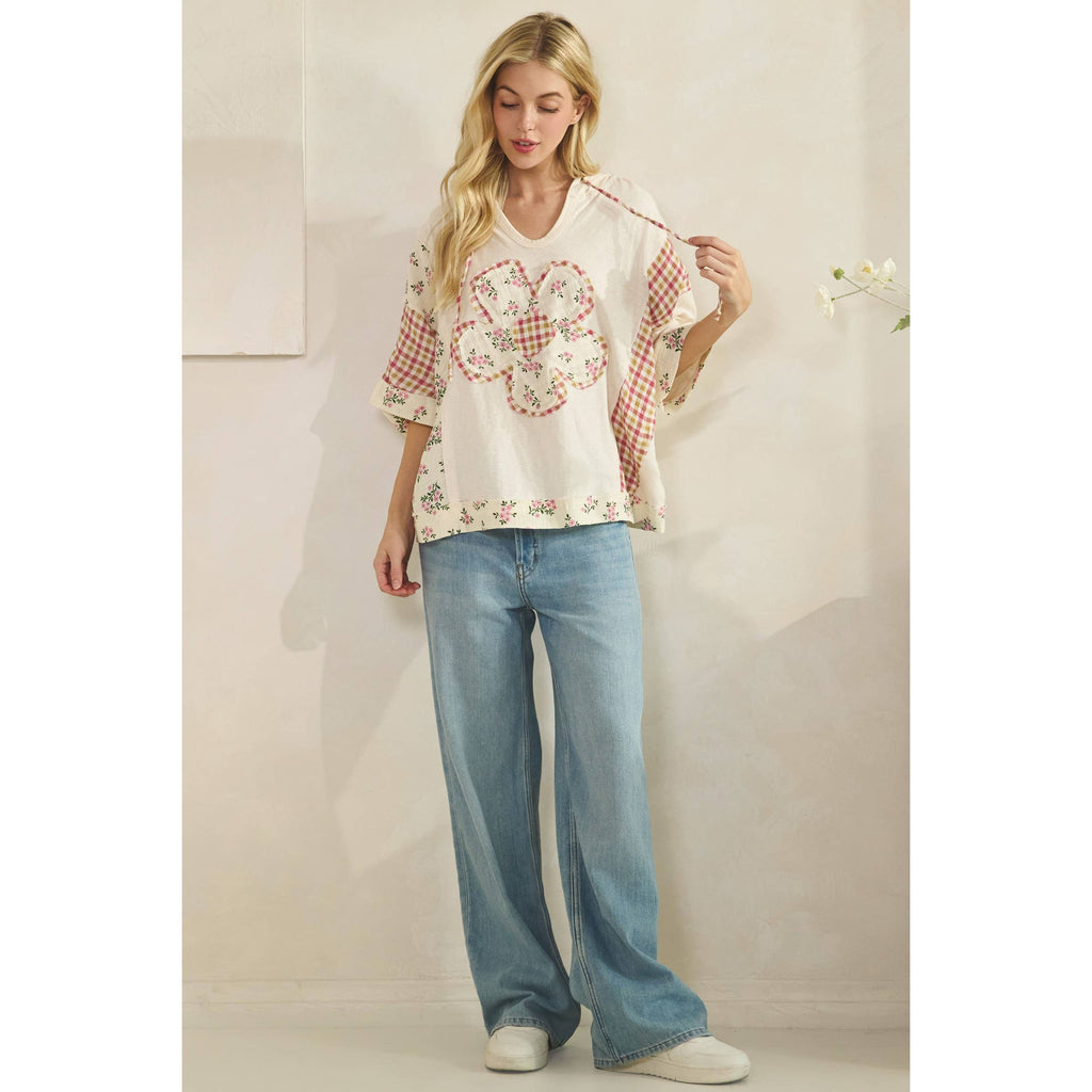 COTTON GAUZE HOODIE WITH DAISY FLORAL PATCH