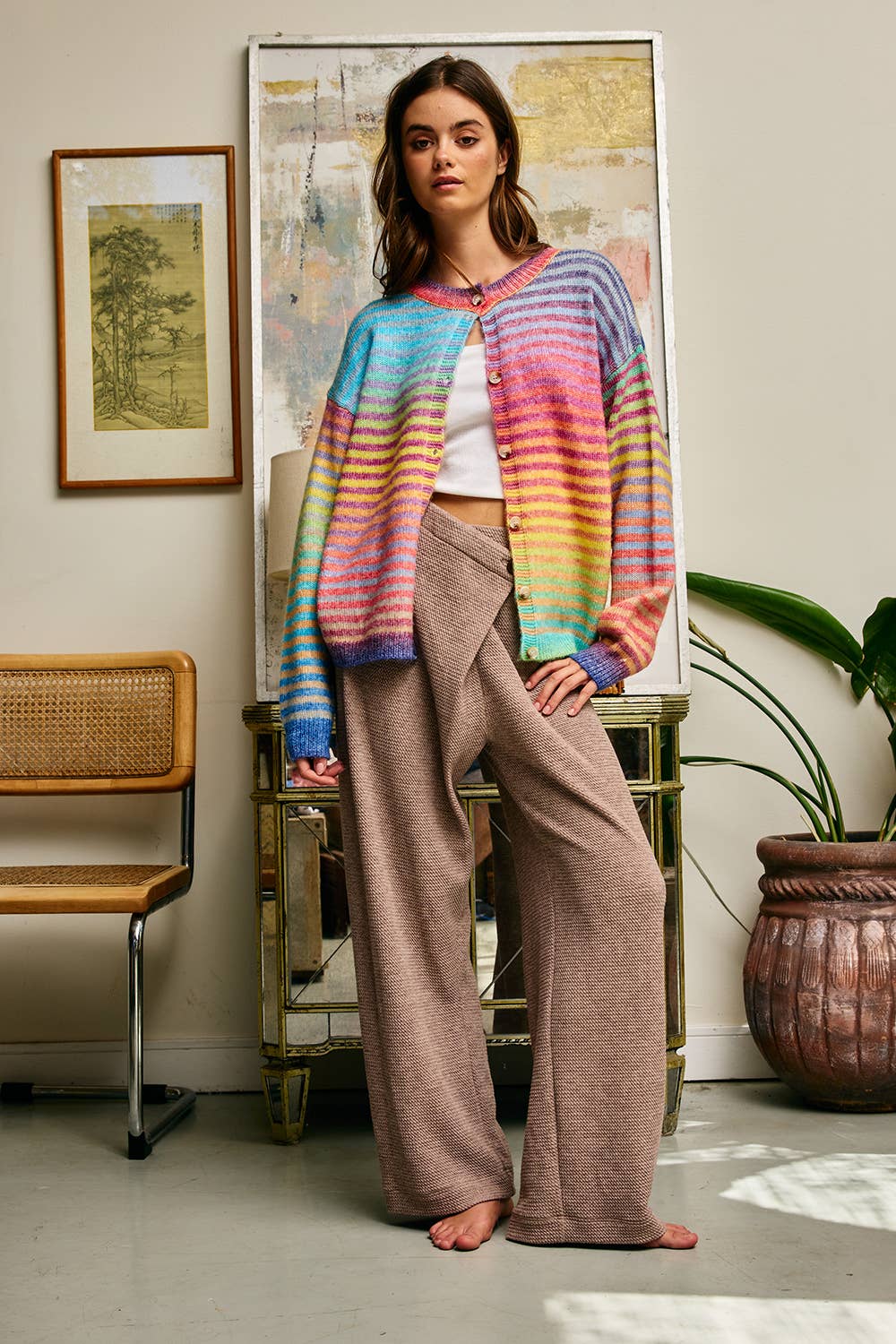 Multi-Colored Striped Button-Down Cardigan