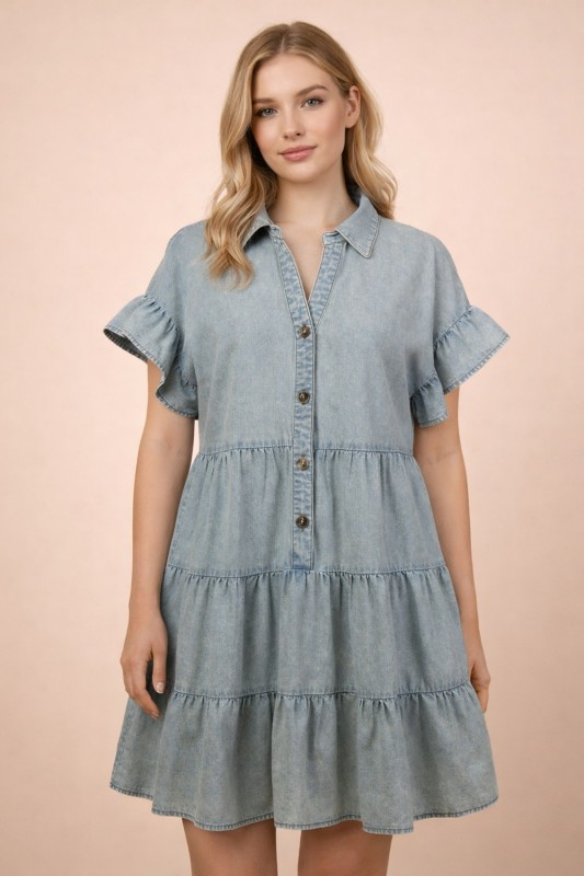 Mineral Washed Chambray Dress w/ Tiered Layers