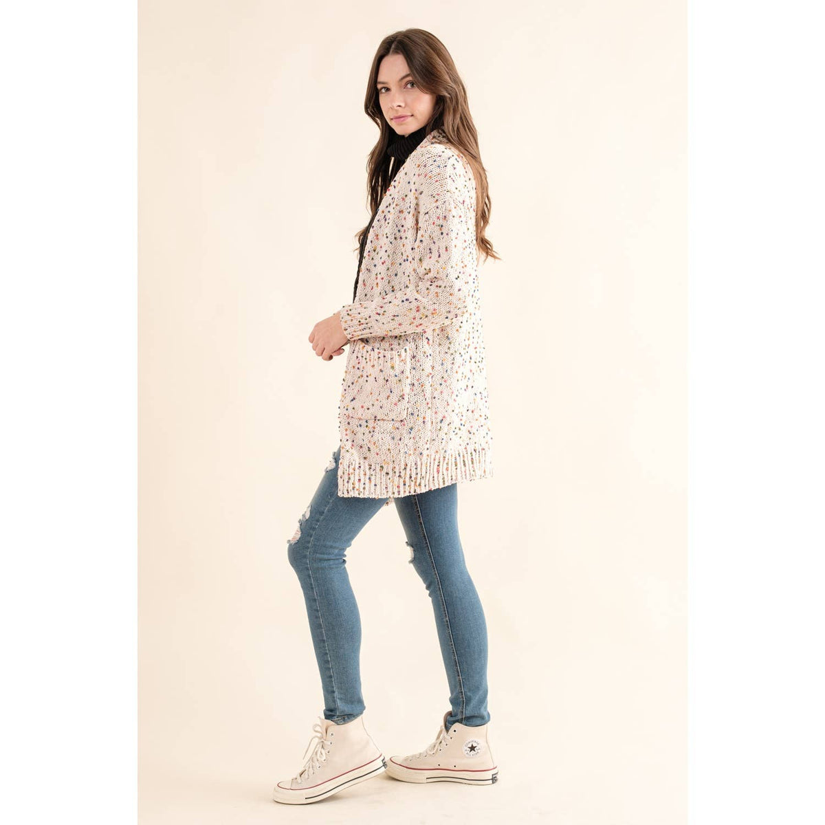 CARDIGAN W RAINBOW POPCORN SPECKLES