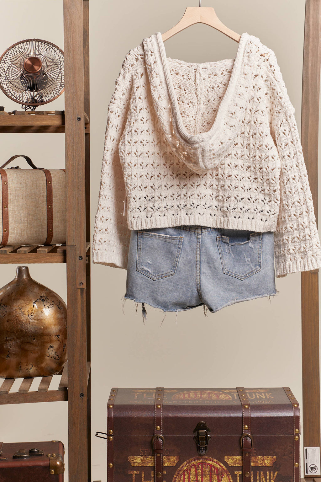 Boat Neck Hooded Crochet Bolero Sweater