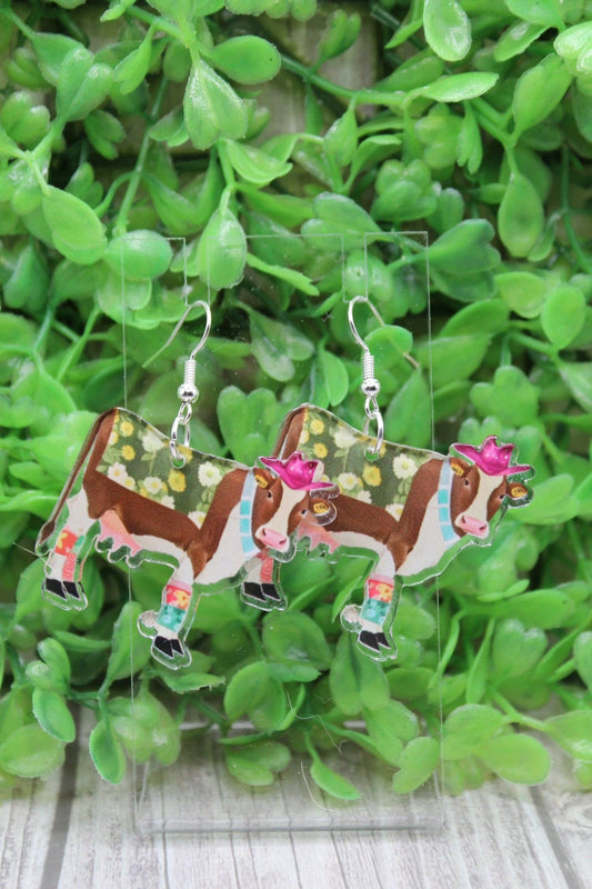 Brown & White Cow with Pink Hat Dangle Earrings