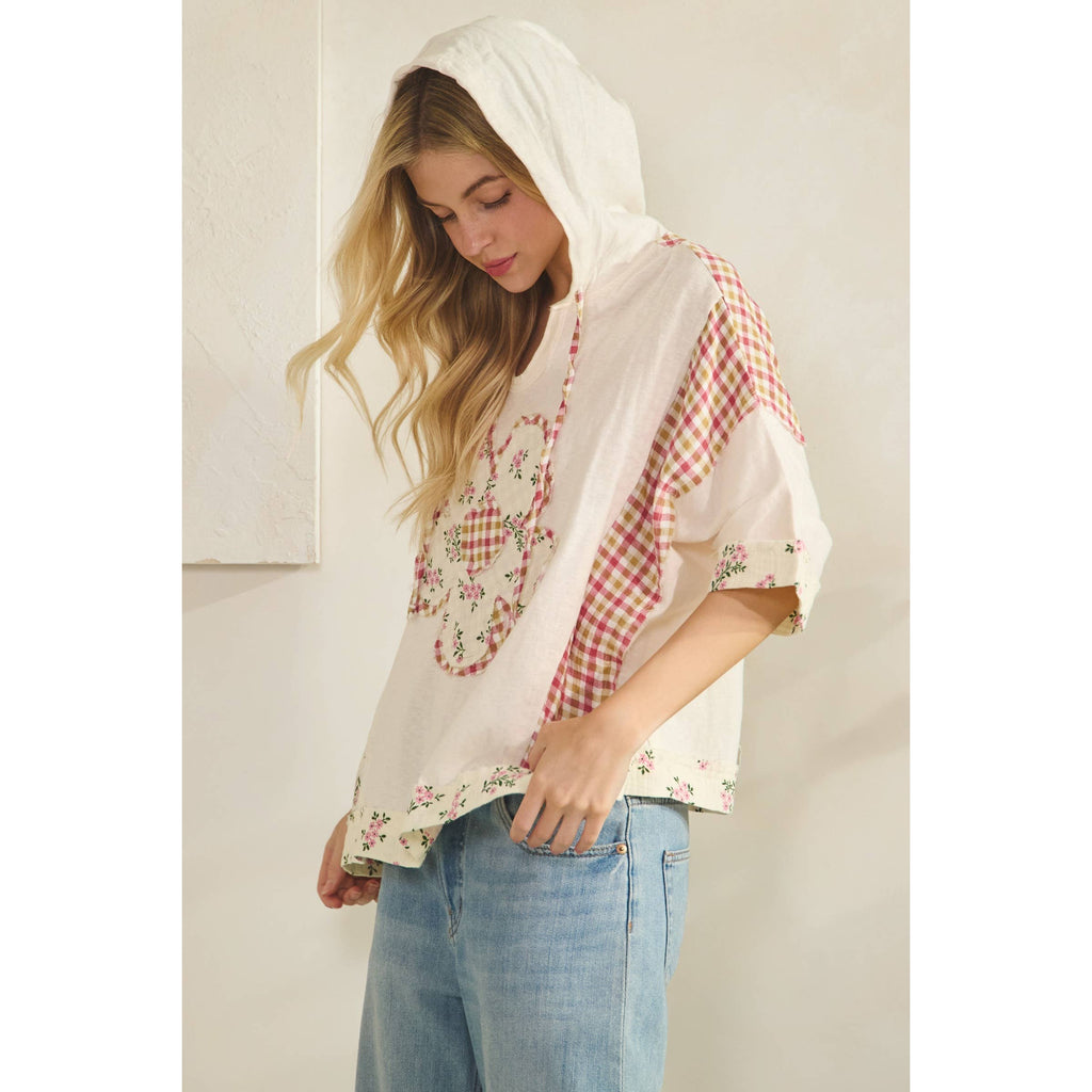 COTTON GAUZE HOODIE WITH DAISY FLORAL PATCH