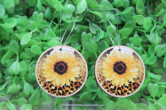Sunflower on Faux Glitter & Leopard Dangle Earrings