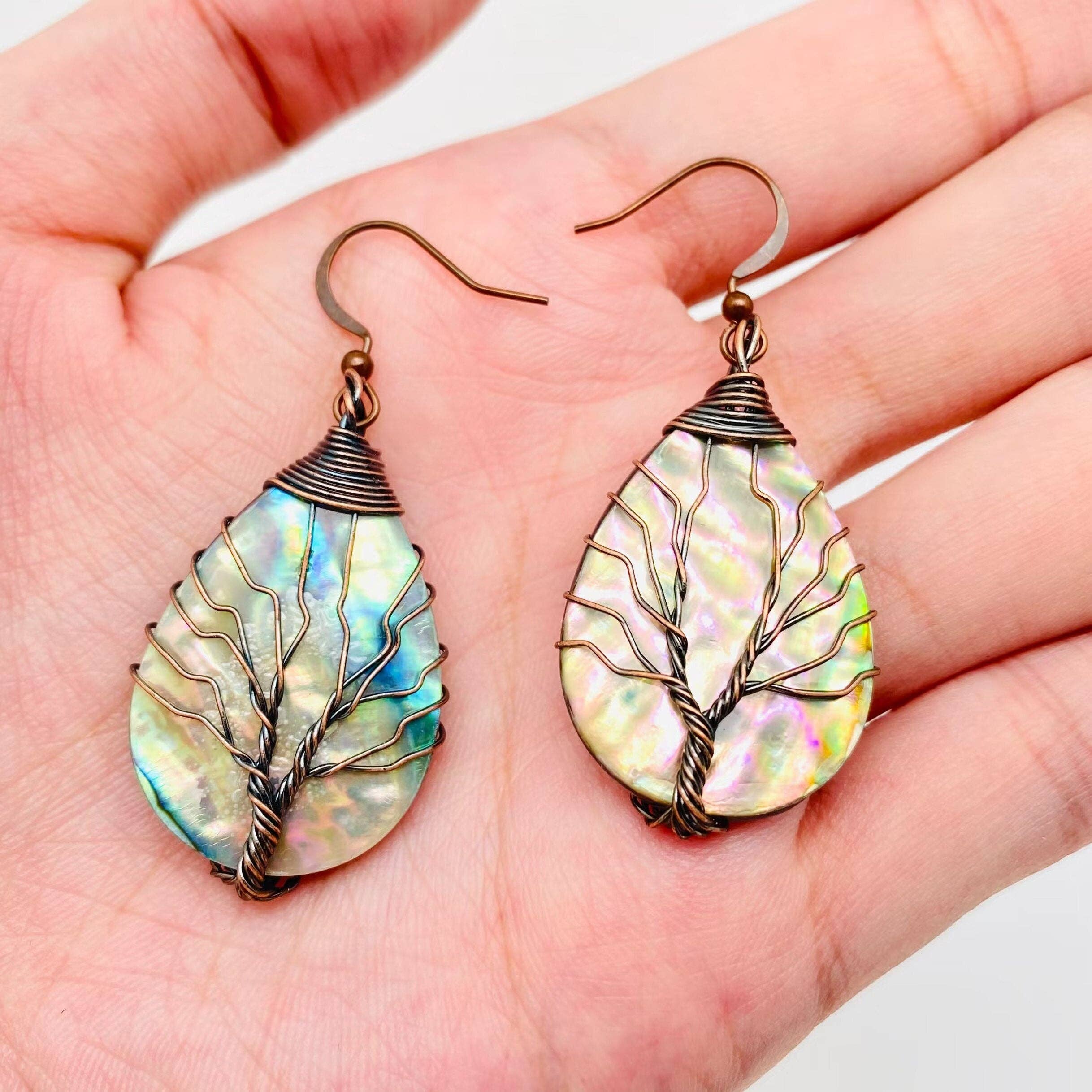 Tree of Life Wrapped Shell Drop-Shaped Charm Earrings