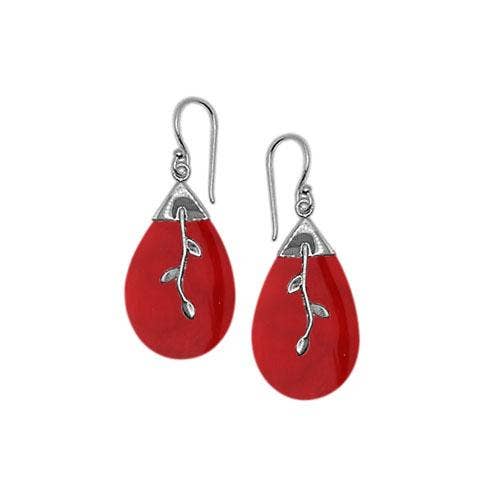 Red Coral Pear Shaped Sterling Silver Earrings