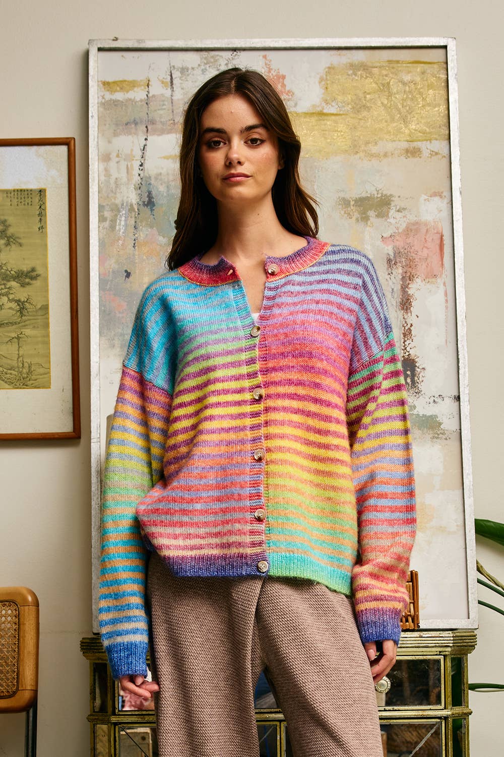 Multi-Colored Striped Button-Down Cardigan