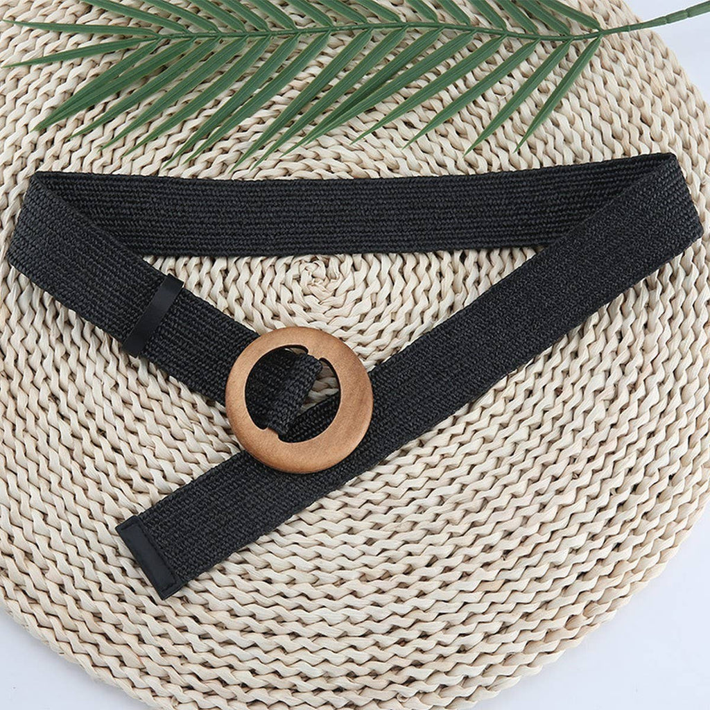 Round Wooden Buckle Pp Straw Woven Belt