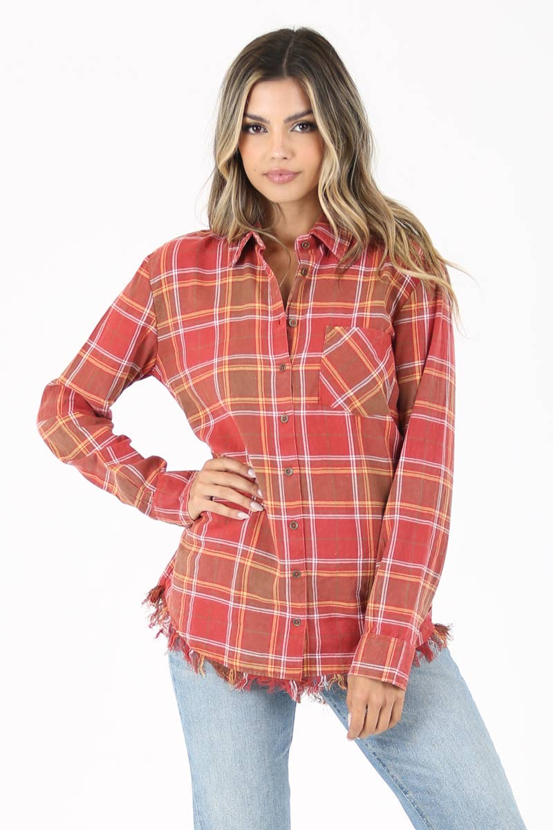PLAID BUTTON FRONT SHIRT WITH FRAYED HEM