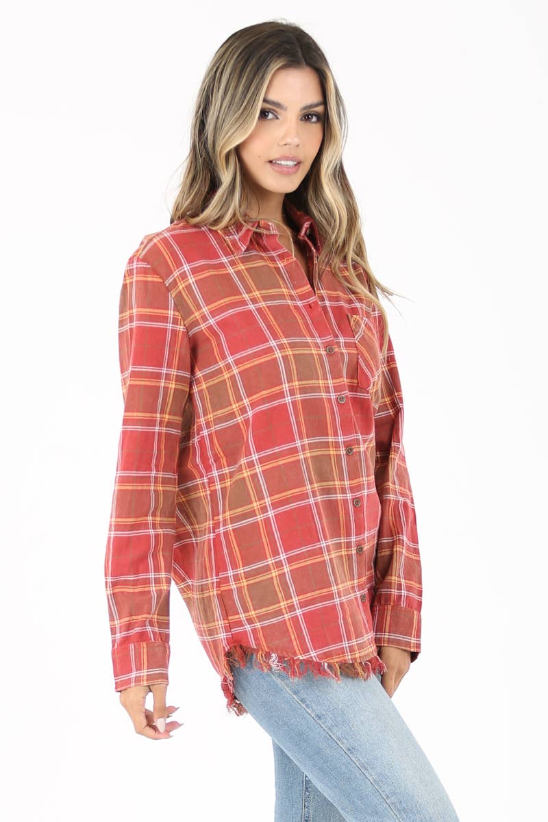 PLAID BUTTON FRONT SHIRT WITH FRAYED HEM