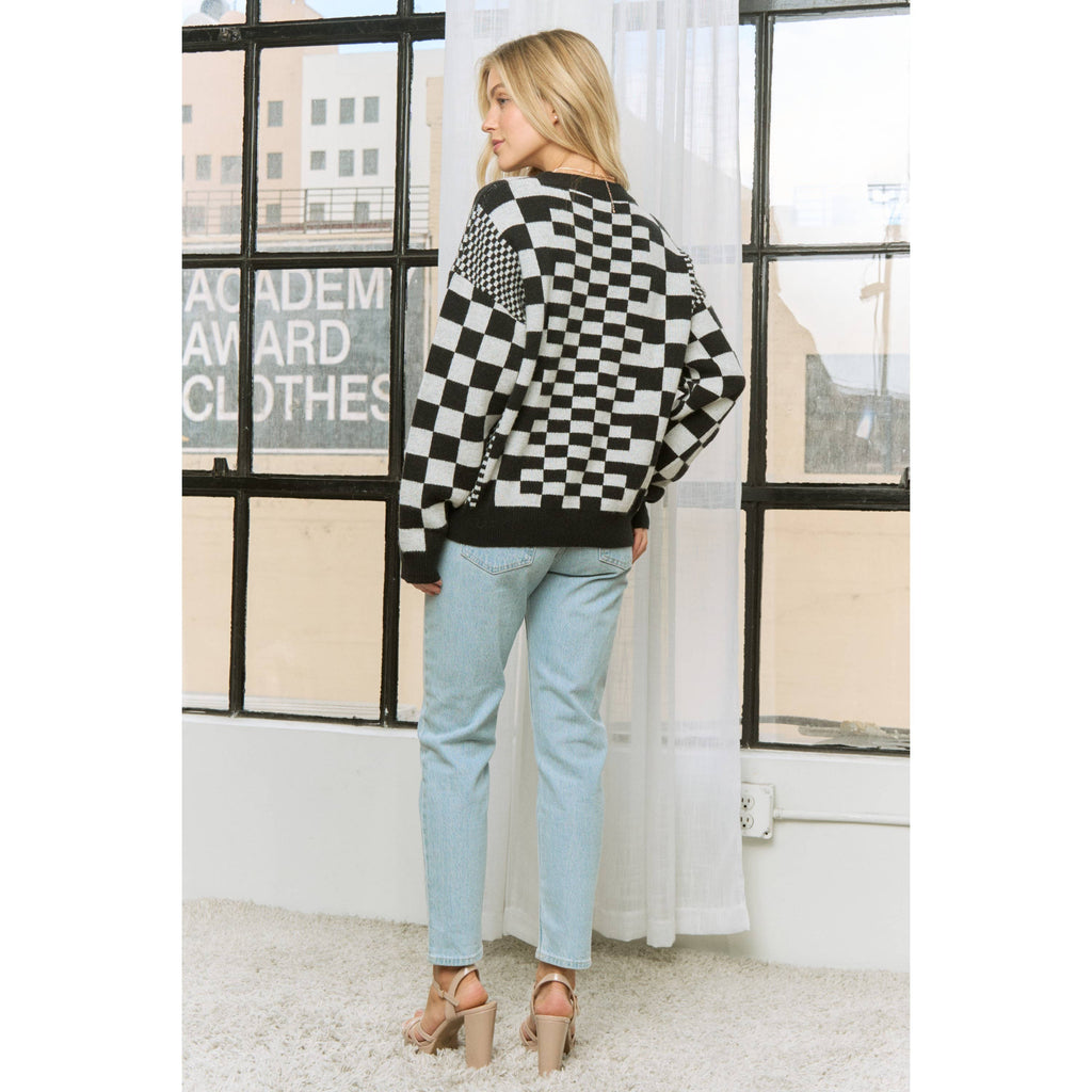CHIC CHECKER JACQUARD PRINT CASUAL PULLOVER SWEATER