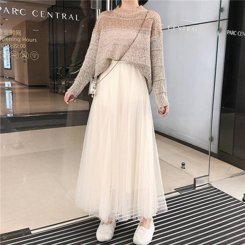 Beige Color Pleated Tulle Midi Skirt