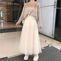 Beige Color Pleated Tulle Midi Skirt