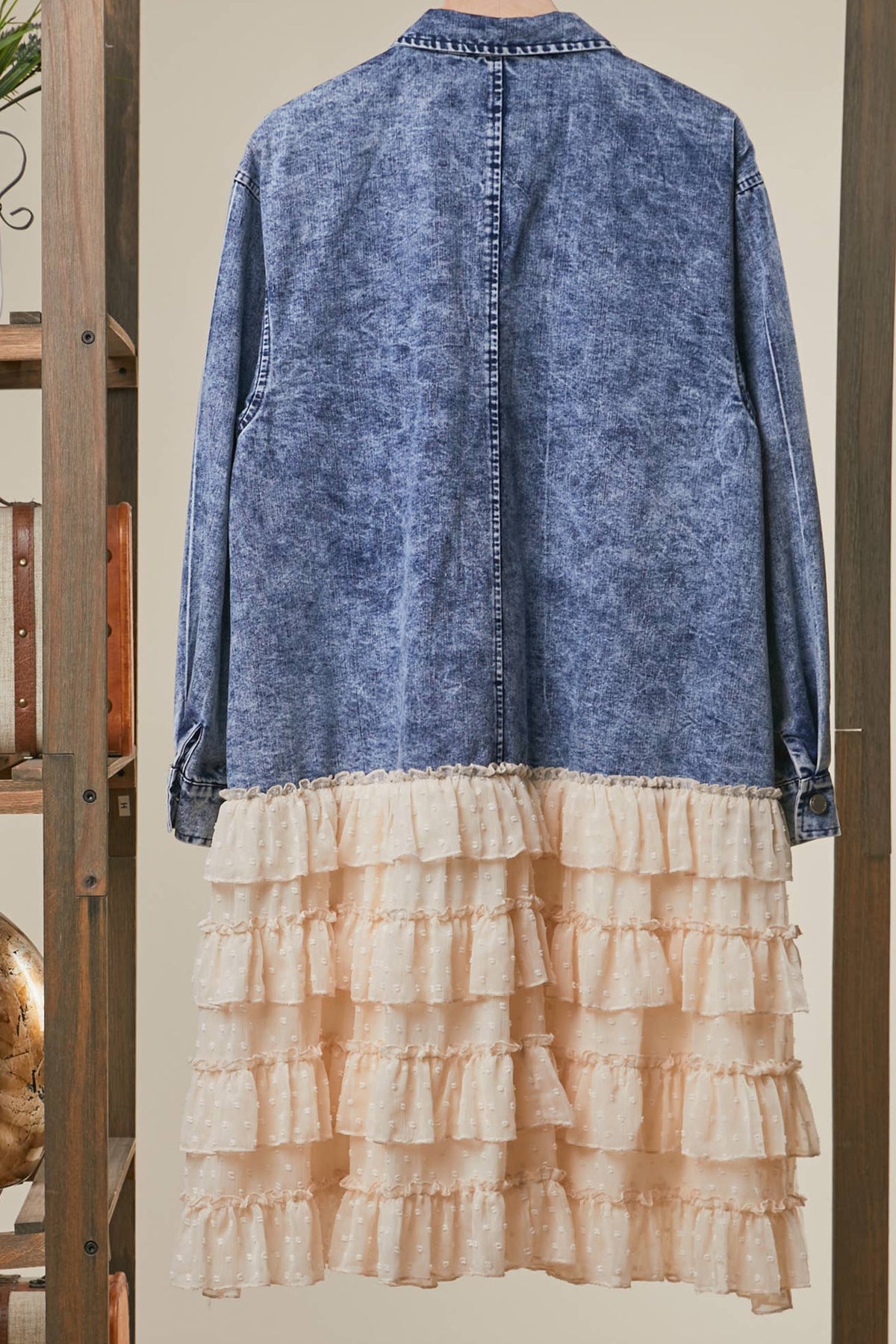 FLORAL PATCH DENIM SHIRT DRESS WITH LACE RUFFLE