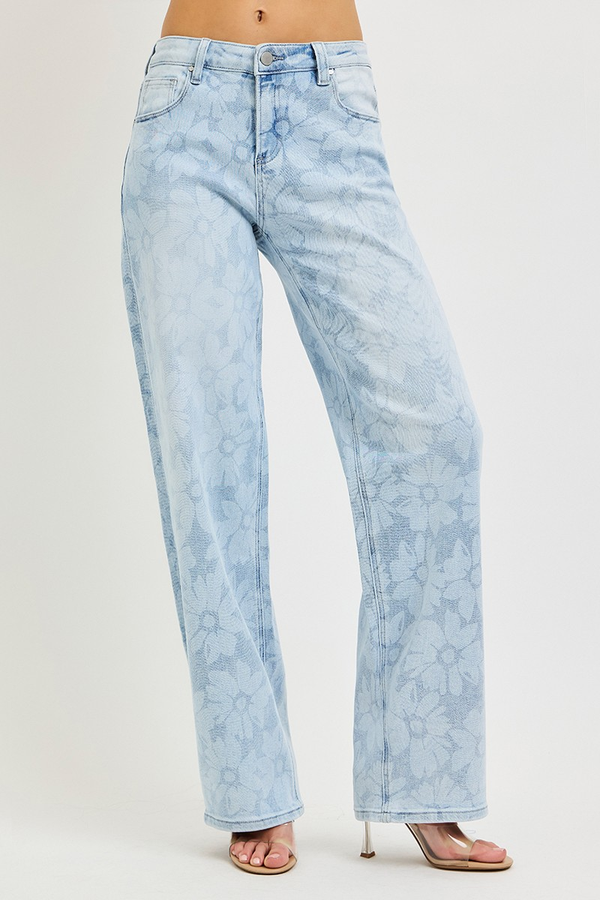 Risen High Rise Wide Baggy Jeans With Floral Print