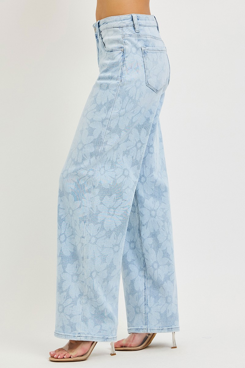 Risen High Rise Wide Baggy Jeans With Floral Print