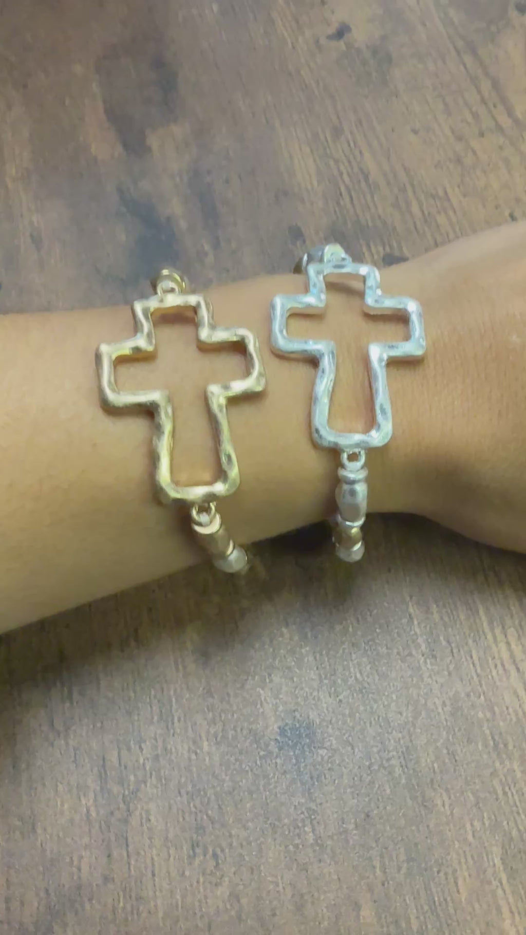 Gold or Silver Hammered Cross Mixed Metal Stretch Bracelet