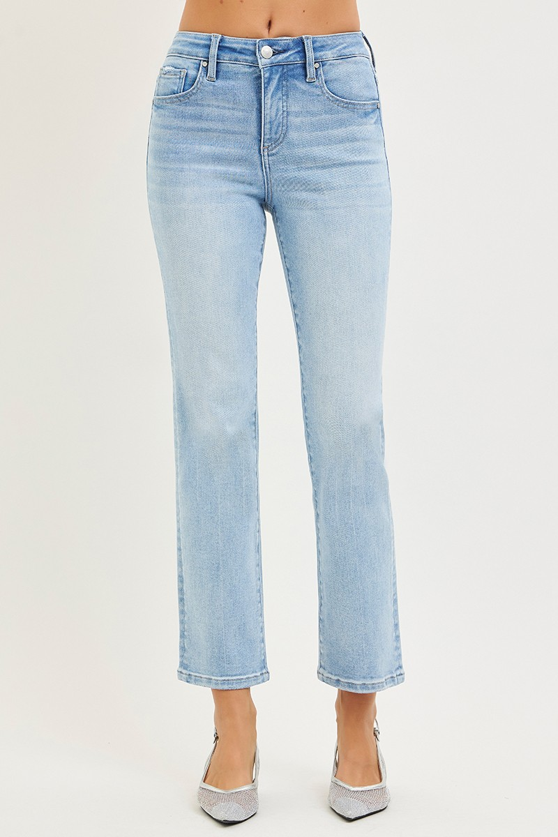 Risen Tummy Control High Rise Crop Straight Jeans Light Wash