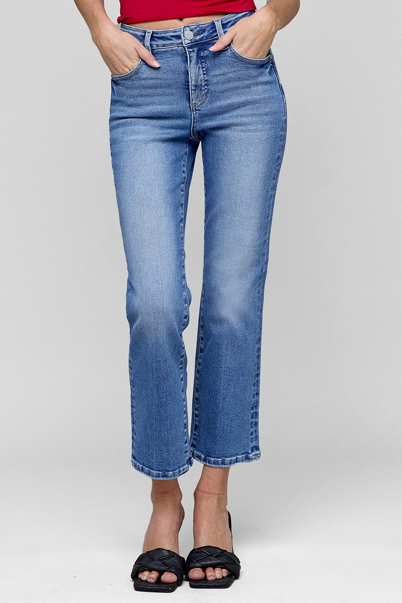 Risen High Rise Crop Straight Jeans w/ Tummy Control Medium Wash
