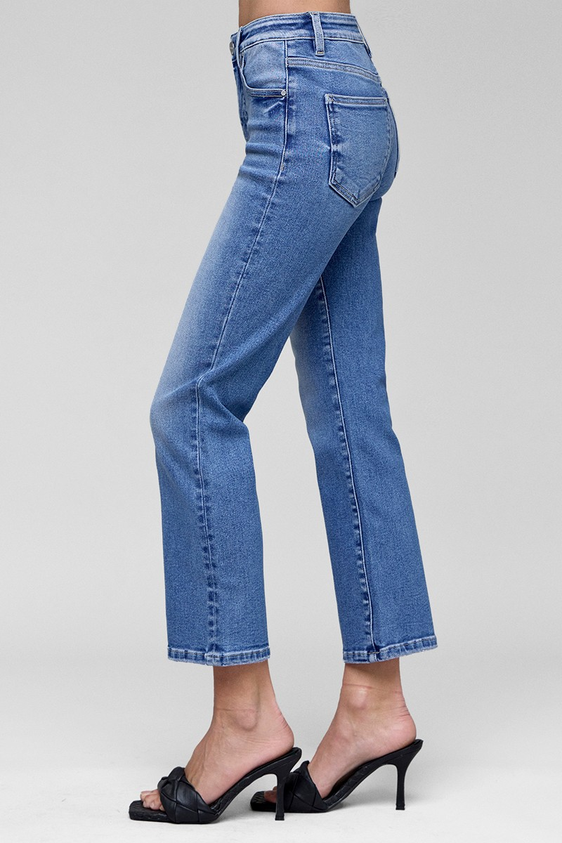 Risen High Rise Crop Straight Jeans w/ Tummy Control Medium Wash
