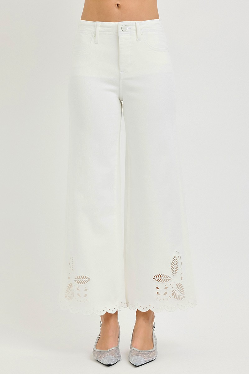 White Risen Crop Jeans w/ Wide Eyelet Embroidery Detail