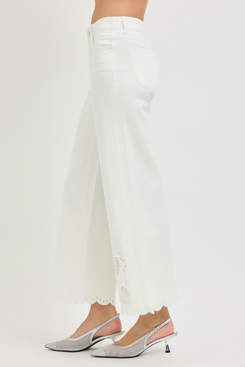 White Risen Crop Jeans w/ Wide Eyelet Embroidery Detail