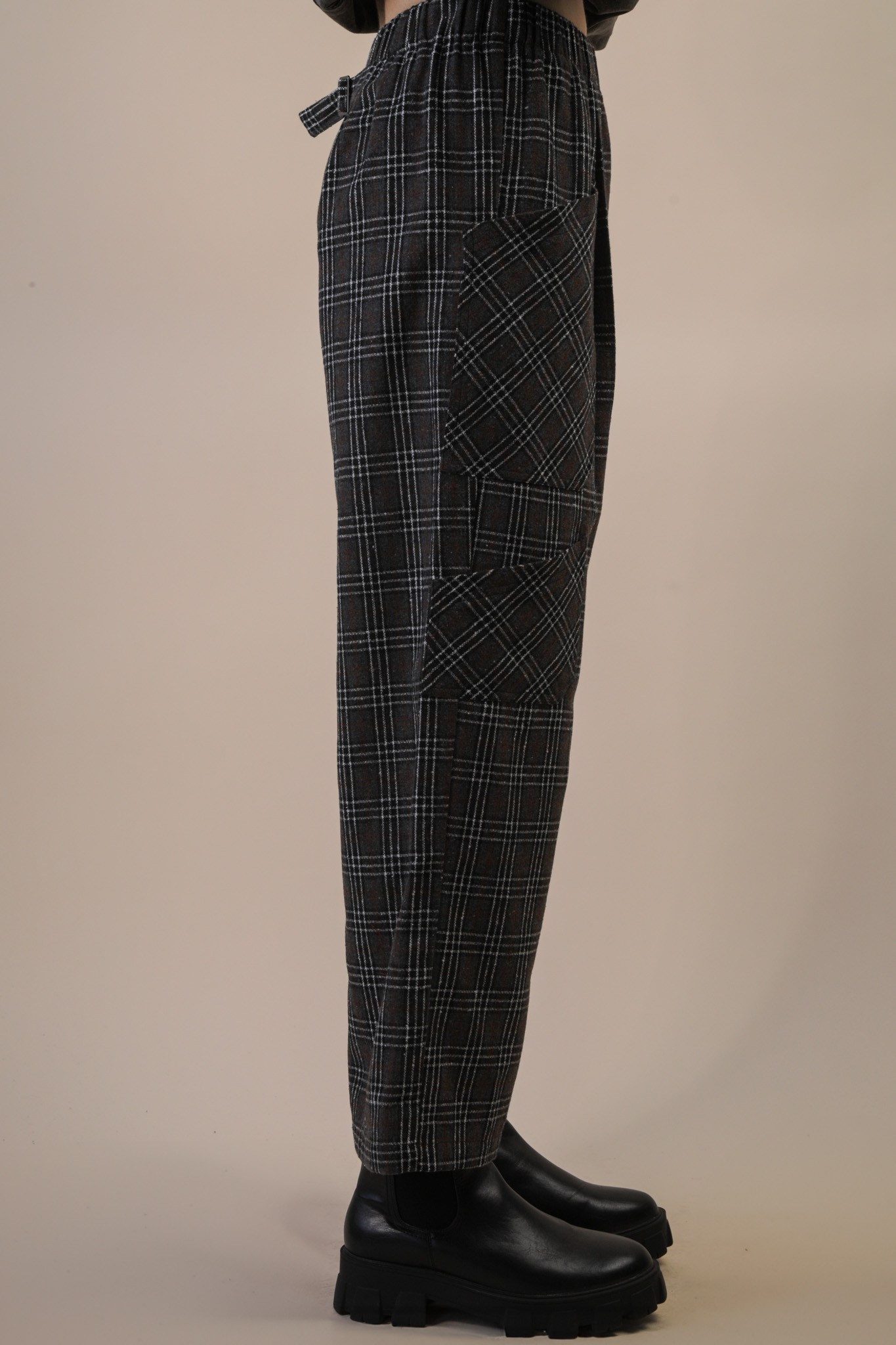 Black Plaid Printed Cargo Wide Leg Pants