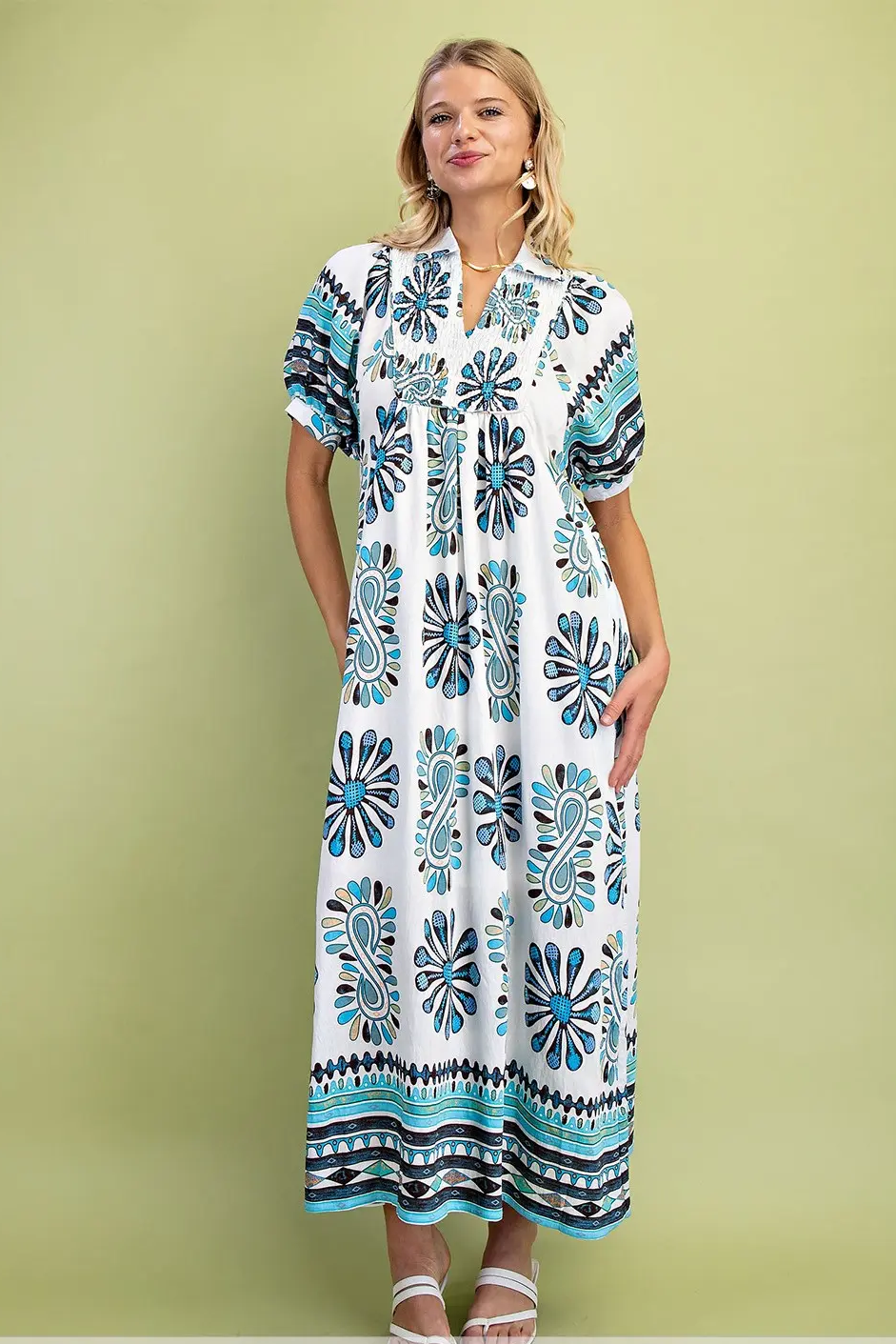 Vacation Sky Mix Blue Smocked Yoke Dress by Gigio