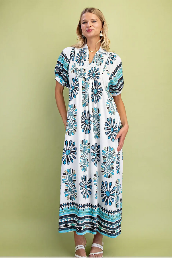 Vacation Sky Mix Blue Smocked Yoke Dress by Gigio