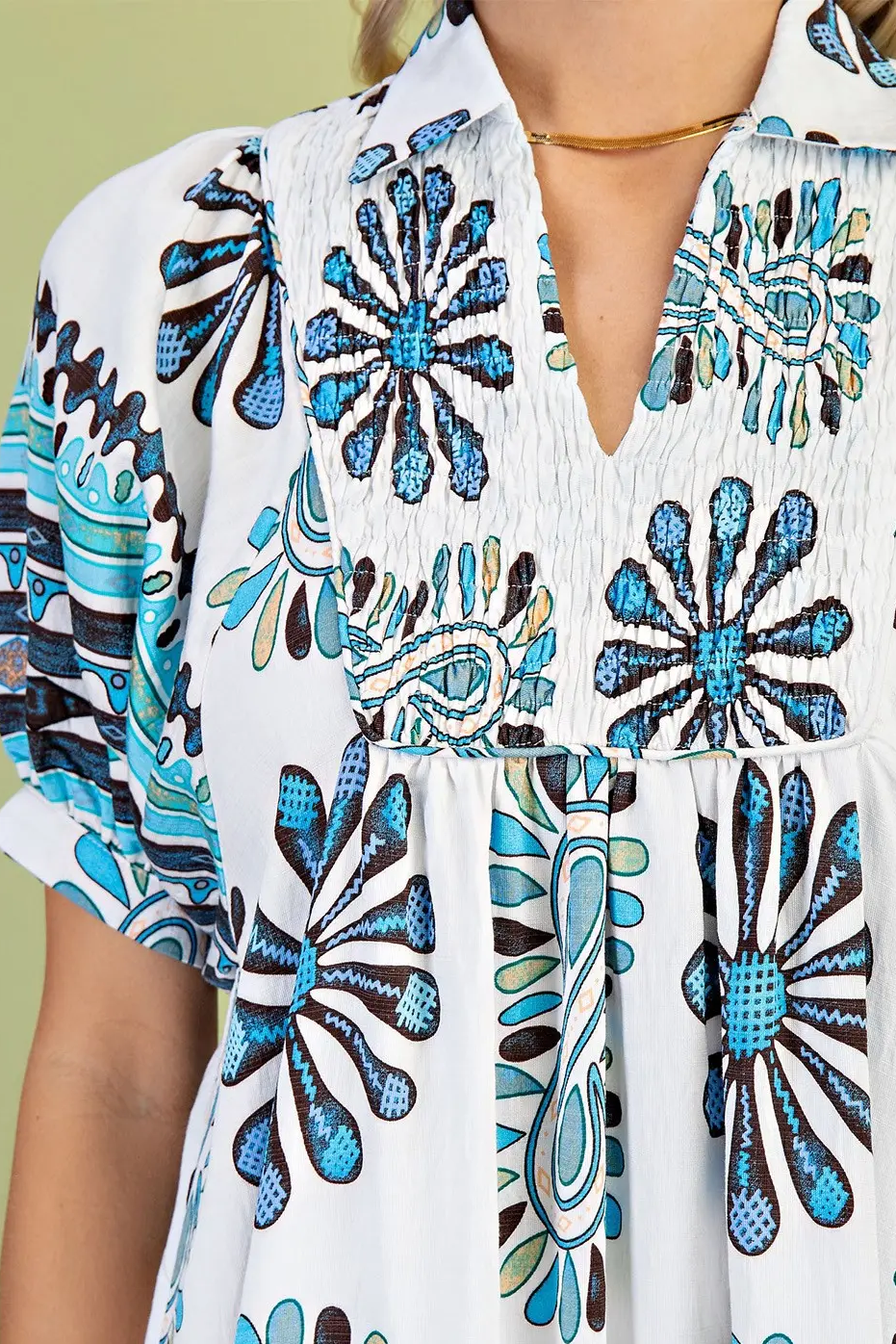 Vacation Sky Mix Blue Smocked Yoke Dress by Gigio