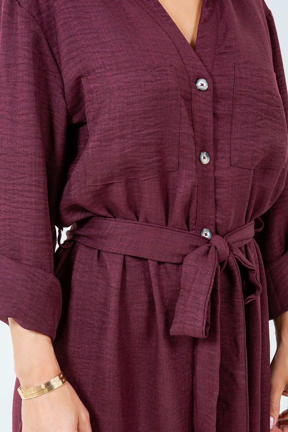 Burgundy Button Down Dress With Sleeve Tabs