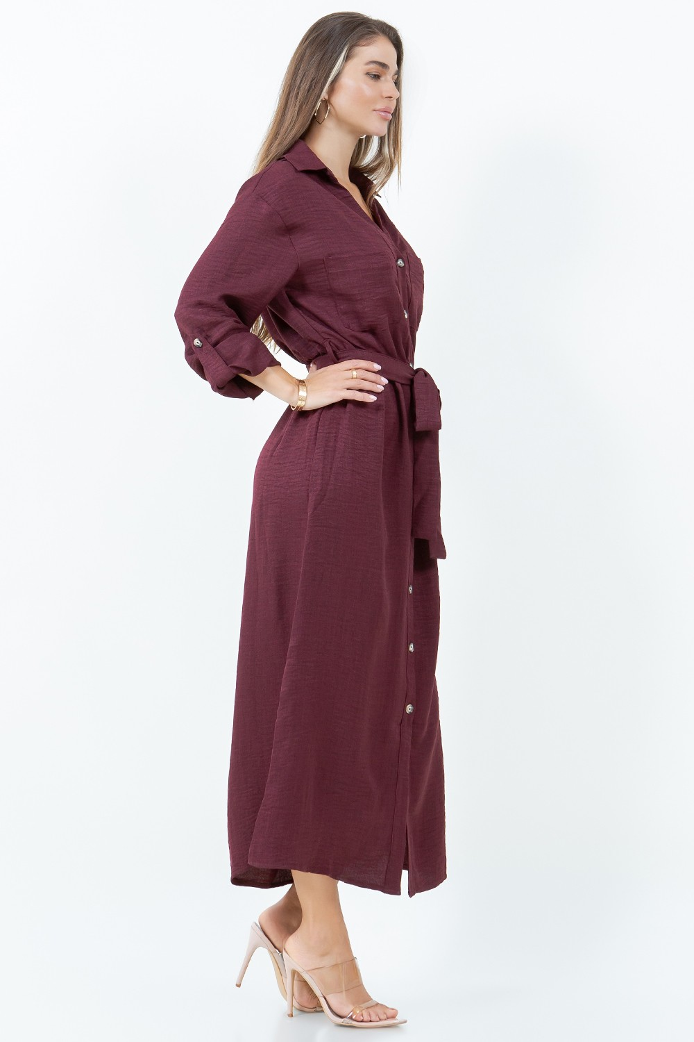 Burgundy Button Down Dress With Sleeve Tabs