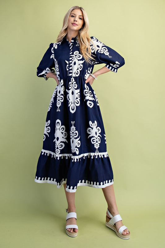Navy and White Bold Print Midi Dress