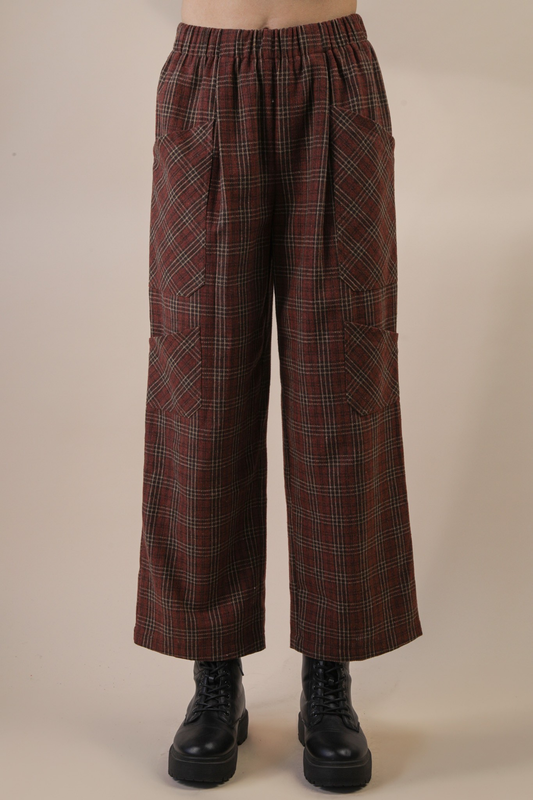 Brown & Orange Plaid Printed Cargo Wide Leg Pants