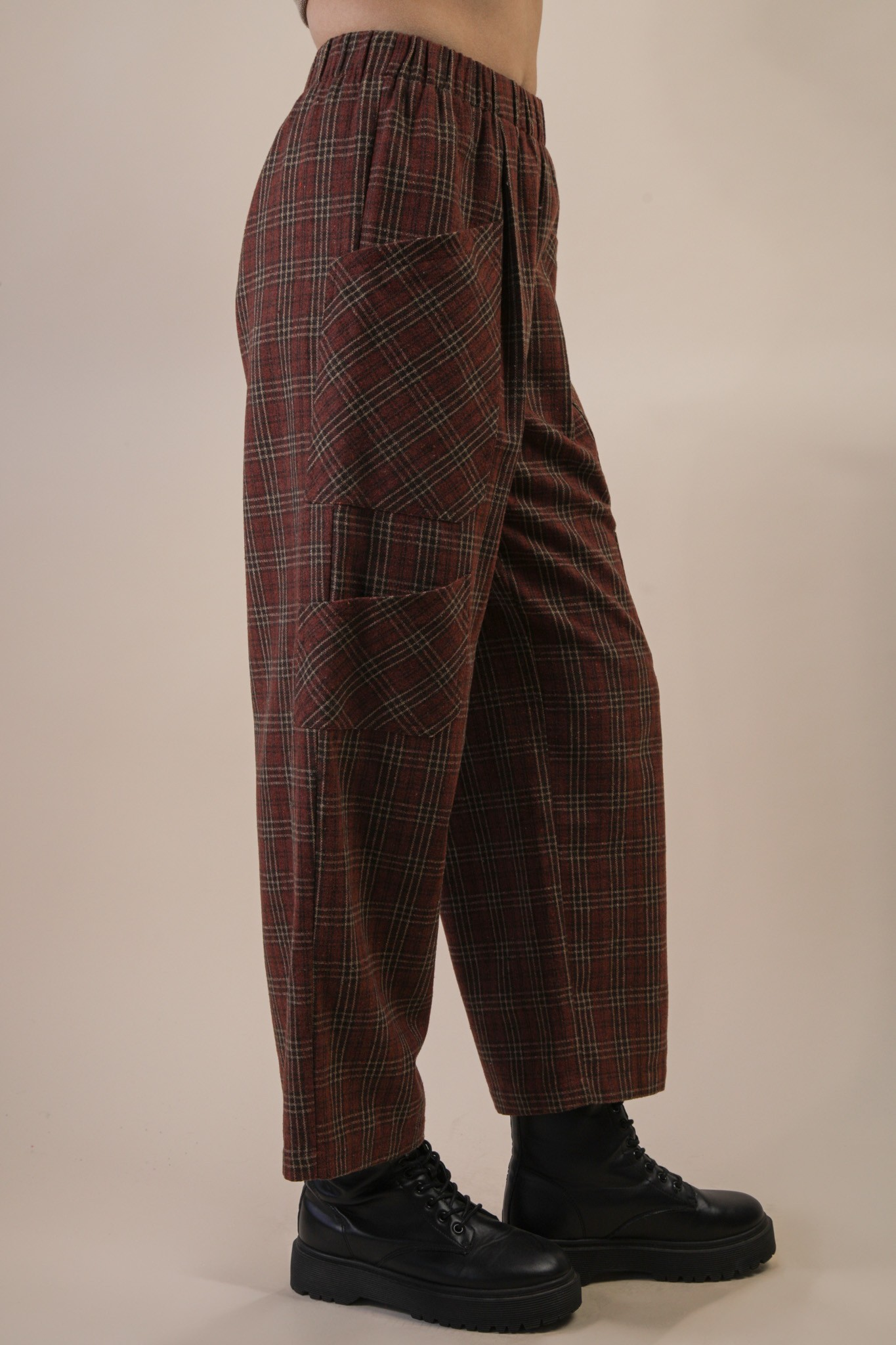 Brown & Orange Plaid Printed Cargo Wide Leg Pants